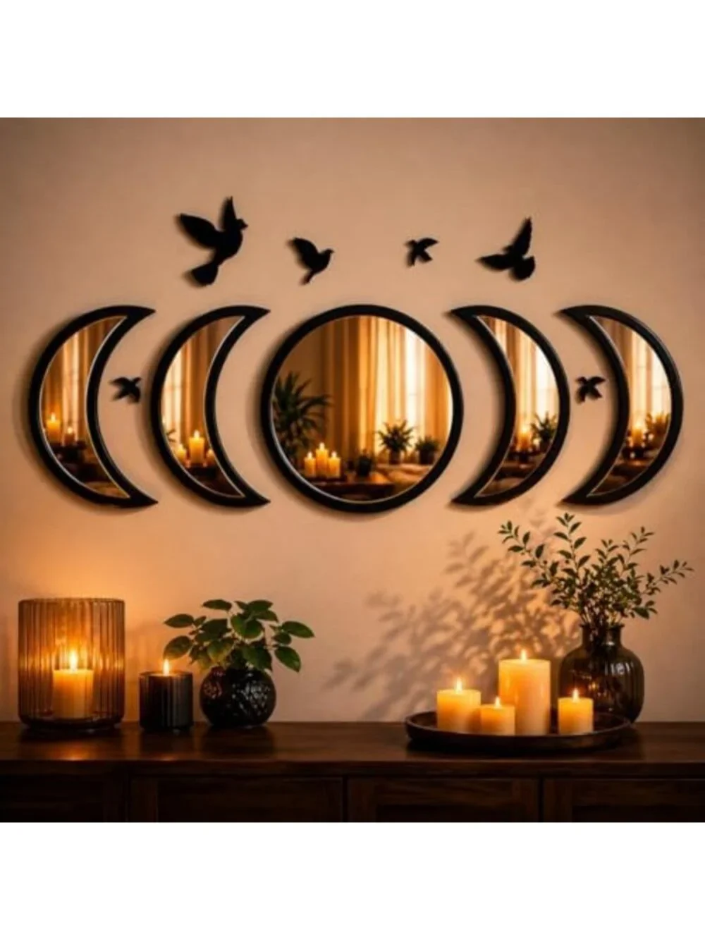 Moon Phase Wall Mirror Set with Birds | Gothic Boho Decor for Bedroom & Living